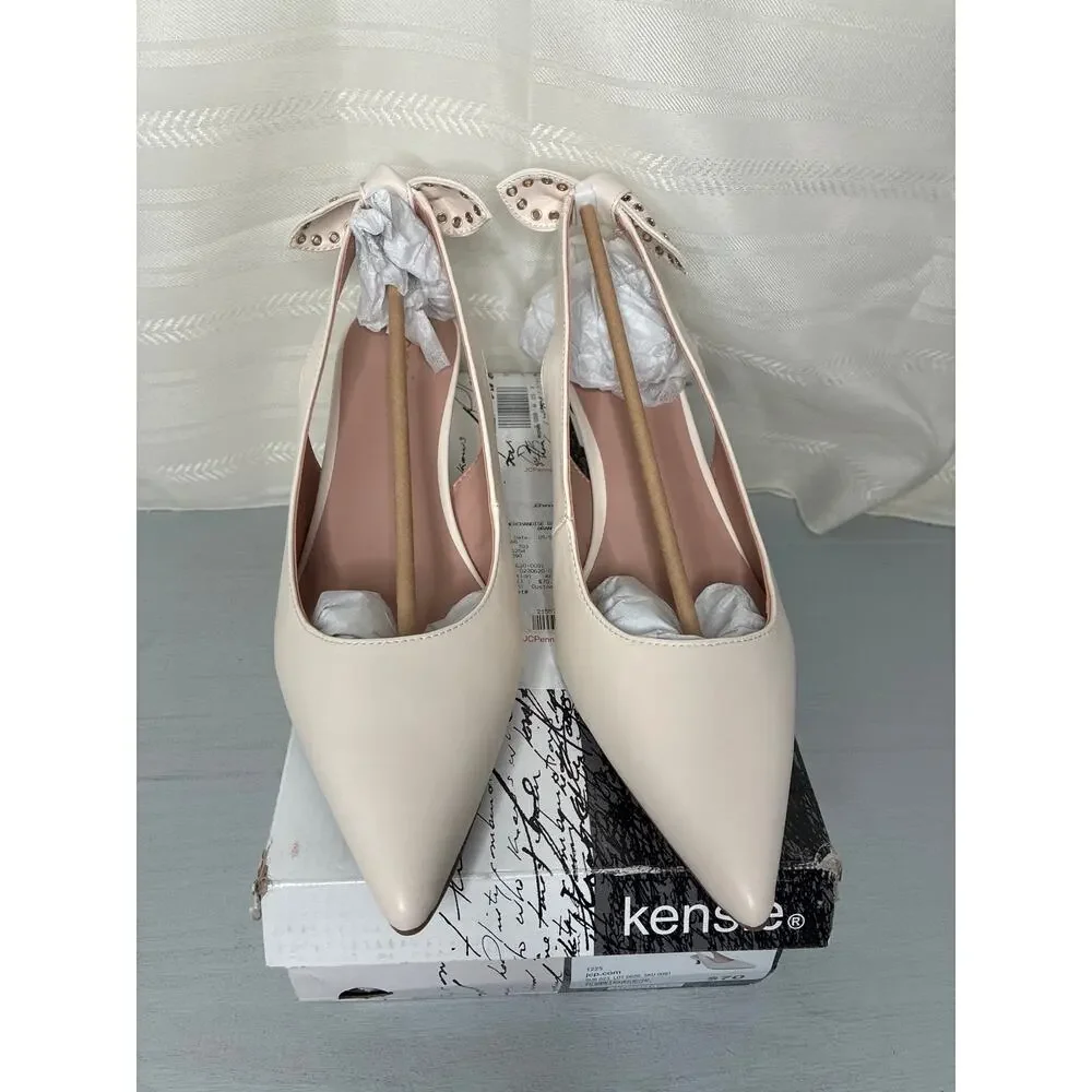 Kensie Olympia Grommet Bow Slingback Kitten Heels Off White Size 10M